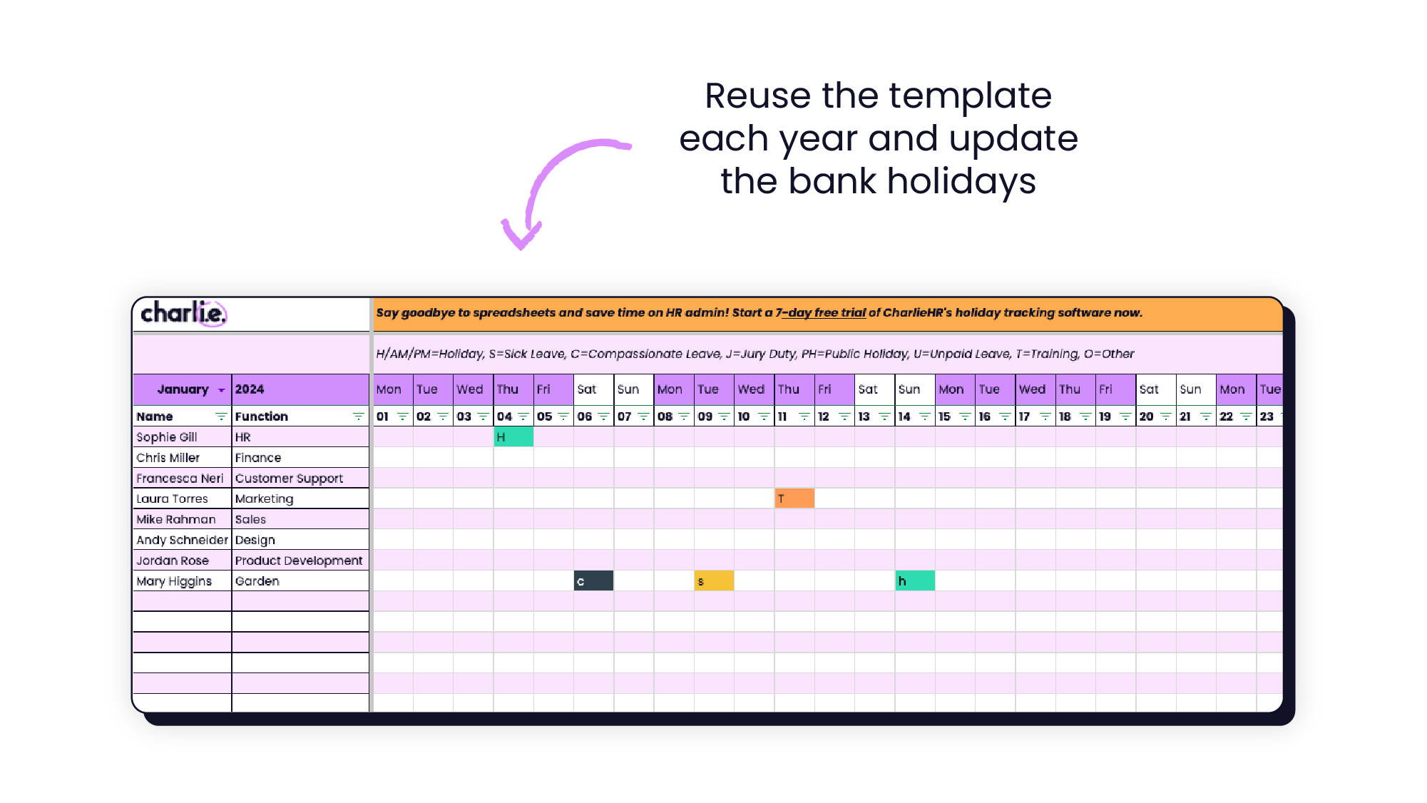 Reuse the template each year and update the bank holidays